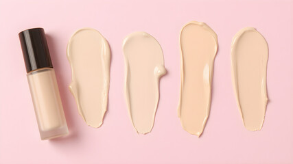 Obraz premium Samples of color correcting concealers Set on pink background. Swatch smears of cream makeup base