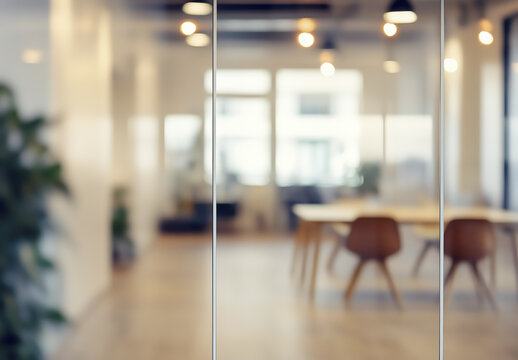 modern office interior with blurred background, featuring wooden furniture, warm lighting, and spacious layout, creating calm and inviting atmosphere