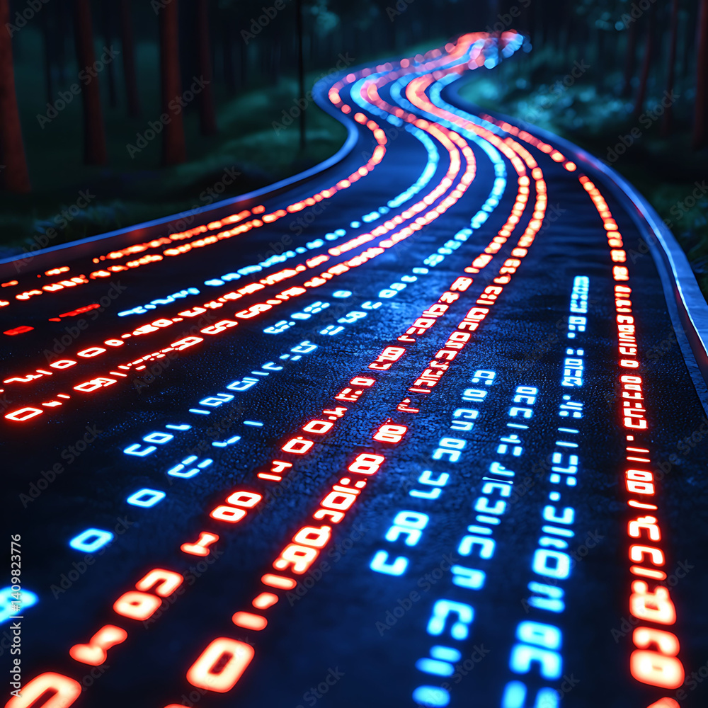 Poster neonlit data streams illuminate a winding path through a dark forest, symbolizing the journey of dig