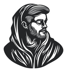 Detailed Black and White Engraving of Man with Hooded Cloak