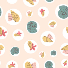 Pastel Summer Seashells Starfish Hand Drawn Artistic Vector Seamless Pattern 