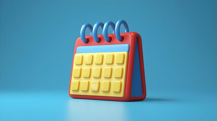 Red and Blue Calendar with Yellow Pages on a Light Blue Surface Minimalist Render