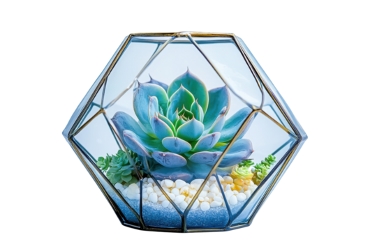 Stunning succulent terrarium in geometric glass vase showcasing vibrant on transparent background - Powered by Adobe