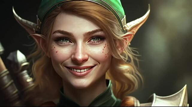 Enchanting elf warrior smiling confidently in a mystical forest setting with soft light