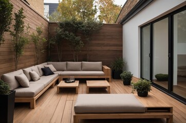 A modern outdoor patio with wooden furniture and greenery