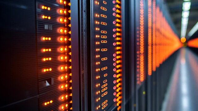 Complex electronic device closeup with orange lights