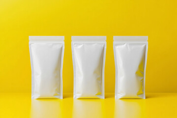 Three blank white pouches on yellow background simple product packaging design