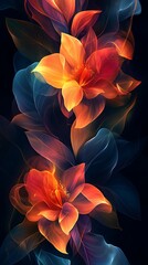 Obraz premium Glowing Floral Phone Wallpaper Orange & Red Flowers with Flowing Blue Leaves on Dark Background | HD Vertical Mobile Wallpaper