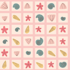 Pastel Summer Seashells Starfish Hand Drawn Artistic Vector Seamless Pattern 