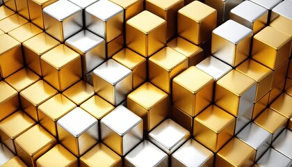 Abstract gold and silver cubes creating a geometric pattern, offering a visually stunning effect 