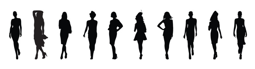 Shadow people in various gestures, vector silhouettes of men and a women. Set of Women Silhouettes vector