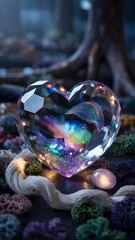 Dreamlike cinematic photo of glowing crystal heart with photorealistic textures, surreal mist, warm lighting, and 35mm film grain evoking mystical, enchanting visual wonder

