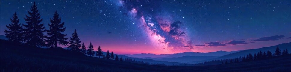 Fototapeta premium Darkened landscape under a star-filled sky with silhouette trees, landscape, twilight, shadows