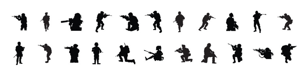 Black silhouette of american army soldier, veteran and military man with gun rifle or weapon isolated on white background. Salute soldier or usa army silhouette art for memorial day or fourth of july.