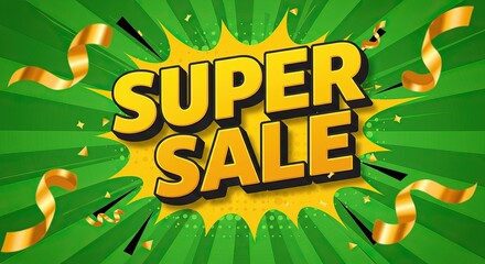 Bright super sale design with green background and golden ribbons for shopping promotion