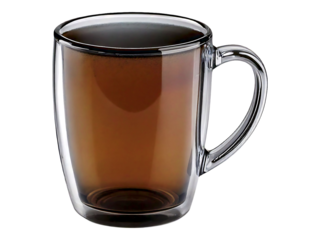 A steaming cup of dark tea sits in a stylish double-walled glass mug. Perfect for blogs, websites, or menus showcasing warm beverages and healthy lifestyles.