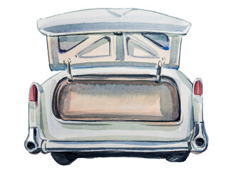 Retro car design. Watercolor hand painted old automobile illustration. Vintage vehicle themed clipart.
