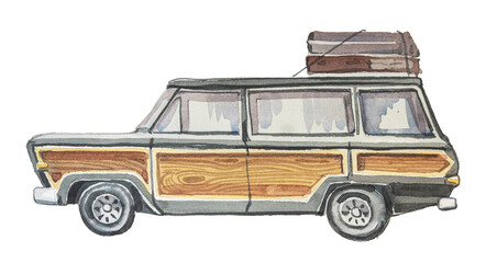 Retro car design. Watercolor hand painted old automobile illustration. Vintage vehicle themed clipart.