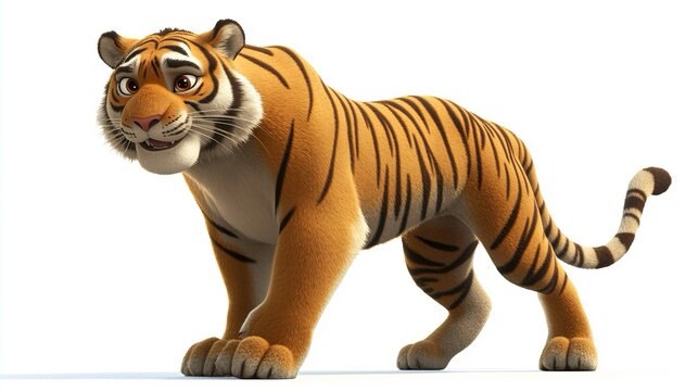 Tigre stilizzata in stile cartoon che avanza su uno sfondo bianco