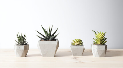 Obraz premium Modern succulent plants in concrete pots against a minimal background 
