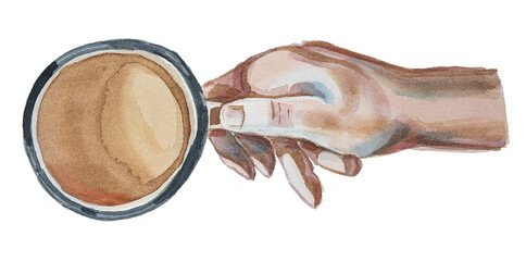 Watercolor illustration of hand with a coffee in a white porcelain cup isolated on  white. Watercolor hot drink collection. Espresso logo. Coffee flat lay  clipart for cafe,menu,logo,branding.