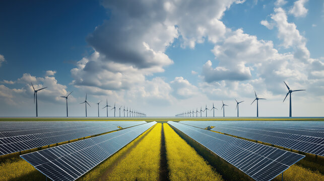 Solar panel field and wind turbines in symmetrical renewable energy landscape under cloudy sky