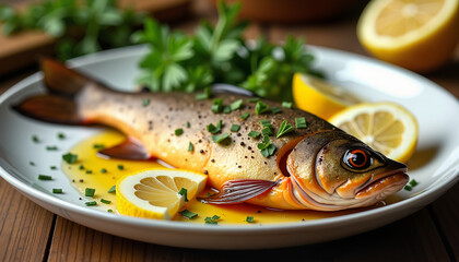 Grilled fish served with lemon and herbs on a rustic plate  