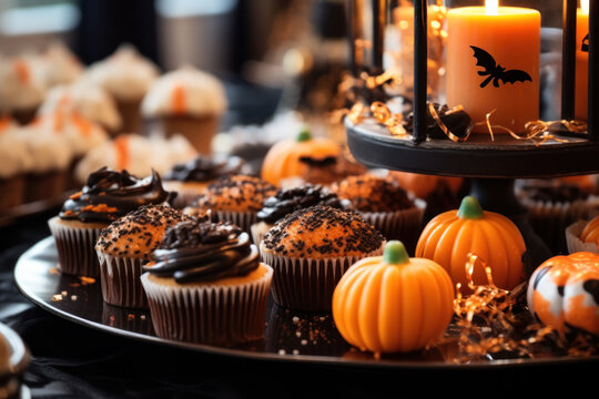 Halloween-themed cupcakes and pumpkin decorations on festive dessert table