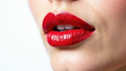 Fototapeta premium Close-up of vibrant red lipstick on pure white backdrop, detail, make-up, lip