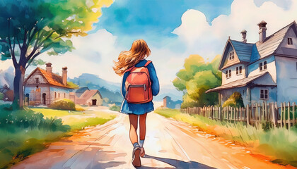 Girl walking to school. Walk to School Month