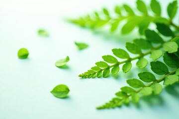 Delicate fern fronds scattered on white surface, leafy, serene