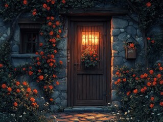 Stone cottage facade with wooden door window and climbing roses at dusk.