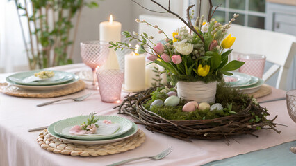Elegant Easter Table Setting With Flowers Eggs And Candles For A Festive Celebration