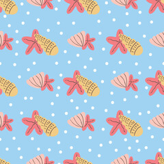 Pastel Summer Seashells Starfish Hand Drawn Artistic Vector Seamless Pattern 