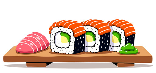 Sushi platter icon with colorful rolls and wasabi, vector art style, minimalist representation for food blogs and culinary presentations