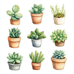 Fototapeta premium Charming potted succulents, rendered in realistic, boho watercolor style