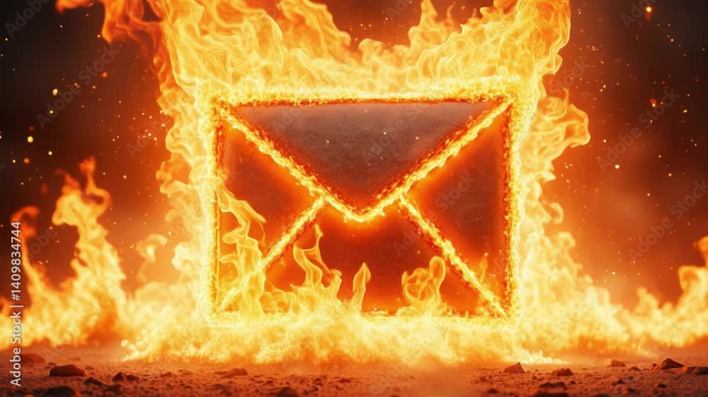 Poster a glowing envelope is surrounded by a fiery explosion
