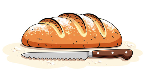 Sourdough icon, freshly baked loaf, sliced with serrated knife, on isolated white background, suitable for blogs, websites, recipe cards, culinary education, and bakery promotions