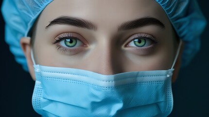 Focused face of a female healthcare worker with piercing eyes, wearing a sterile mask and head covering, representing frontline medical service and patient care



