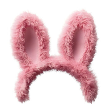 Pink fluffy bunny ears hat cutout isolated on a transparent background, Rabbit ear headband for Easter