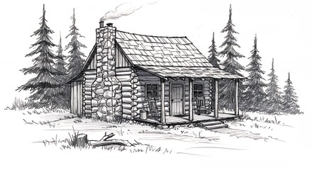 Fototapeta premium Rustic log cabin sketch design illustration
