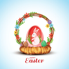Happy easter card with a white rabbit inside a pink egg in the basket background