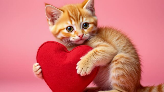Ginger kitten hugging toy red heart. Cute cat on pink background. Valentine's Day love concept. Banner, advertisement, billboard for animal shelter, veterinary clinic