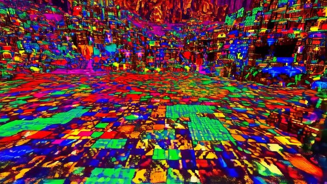 Vibrant kaleidoscopic journey through a colorful geometric digital maze