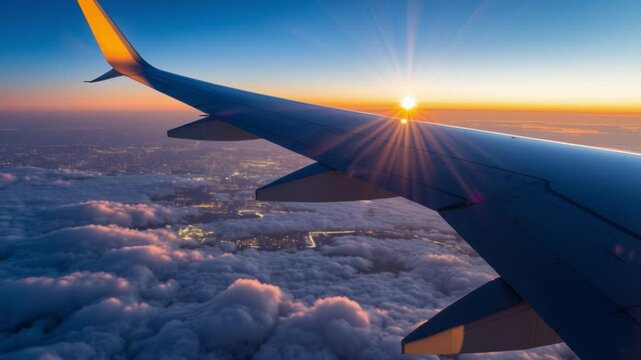 Morning flight with sunlight wing of plane over city view airplane flying above clouds blue sky scenic view from window commercial airline flight mechanics concept