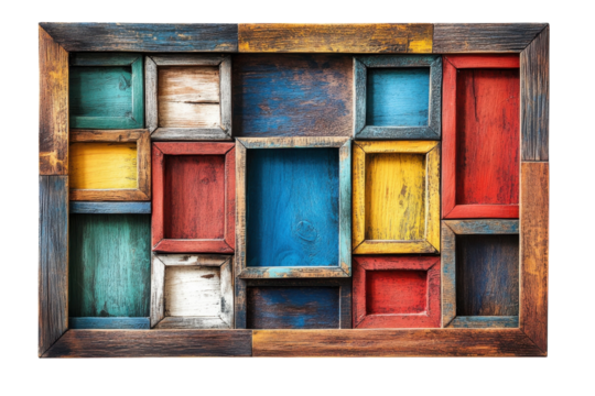 Colorful vintage wooden frame with vibrant nested boxes rustic charm on transparent background