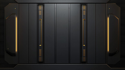 Dark futuristic metal door with sleek panels, yellow lighting, and high-tech sci fi industrial design