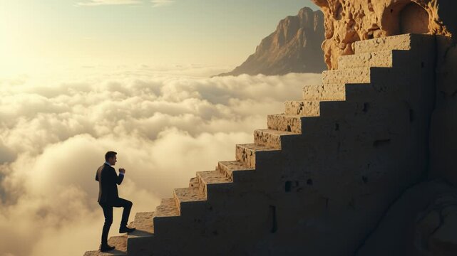 Surreal concept of a man rising stairs to try to reach the top