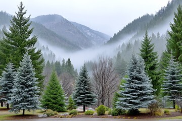 Fog drifting over coniferous trees in a mountain climate