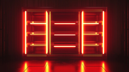 Futuristic empty refrigerator glowing with intense red neon lights in a dark sci-fi interior, modern and high-tech aesthetic.